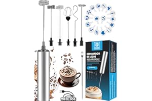 ISP BEST SUPER PACK Espumador de Leche USB Edición Deluxe + 6 Accesorios Inox + 16 Plantillas Decorativas | Batidor Potente para Café, Matcha, Capuchino, Huevos y Más | Varilla Extra Larga