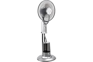 in.tec Nebelventilator 75W mit Wassernebel mit 3 Geschwindigkeitsstufen Standventilator Ventilator Bodenventilator Luftkühler Oszillierend Silber