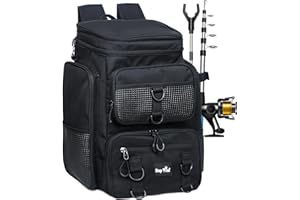 Hap Tim 42L Sac à dos de pêche avec 2 barres, sac de pêche multi-poches, accessoires d'équipement avec séparateur amovible, cadeaux pour hommes pour le jour du Père Noël(FB-2308-BK-UE)