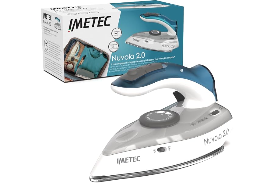 Imetec Nuvola 2.0 - Travel Steam Iron - Stainless Steel Plate - 1000 Watt - Compact and Lightweight - Folding Handle - Travel Case - Double Voltage - Steam Shot 80 g