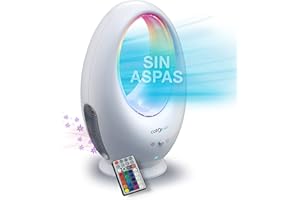 GALERIA DEL COLECCIONISTA Ventilador SIN ASPAS COLOR AIR: SEGURO, POTENTE. Flujo continuo, Sistema de purificación, Aromaterapia y Cromoterapia. Con Mando y Temporizador para Apagado automático