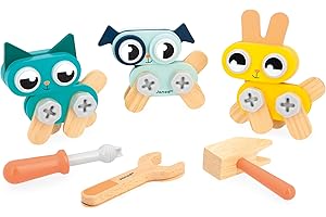 Janod - Mon Premier Jeu de Construction - 3 Petits Animaux - Chat, Chien, Lapin - 53 Accessoires - Développe Dextérité & Créativité - 3 Ans + - J06450