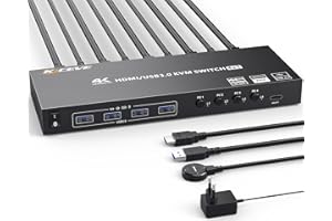 ESKEVE Commutateur KVM USB3.0 HDMI 4 ports 4K@60Hz 2K@120Hz RGB 4:4:4, HDMI 2.0 KVM Switch Simulation EDID, HDCP2.2,Switch KVM 4 PC 1 Moniteurs avec 4 ports USB 3.0 pour clavier, souris, imprimante etc