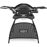 Weber Q2000 Gasgrill mit Stand + Seitentischen, 54 x 39cm Grillfäche, portable, 1 Brenner, 2-geteilter porzellanemaillierter 