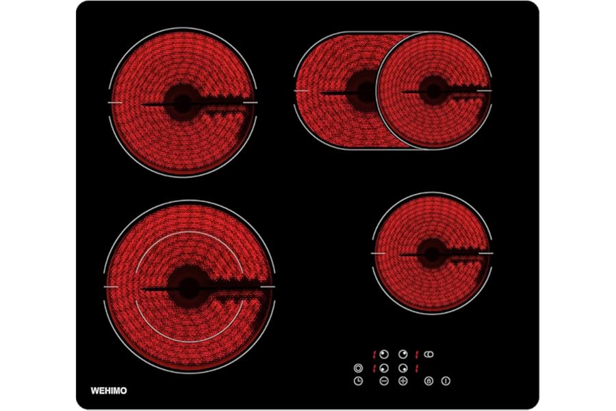 WEHIMO Electric Hob 4 Burners, 7200 W, Ceramic Hob, Drehknopfsteuerung, 9 Heating Levels, Timer, Safety Lock for Children, Suitable for All Cookware