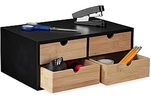 Relaxdays Schreibtisch Organizer, 4 Schubladen, Bambus & MDF, Schreibtischbutler Büro, HBT: 13,5x33x21 cm, Natur/schwarz