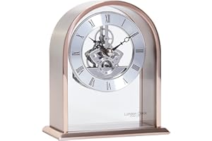 London Clock Arch Top Skeleton Mantel Clock, Rose Gold Case with Silver Movement, 14 x 12 x 6cm