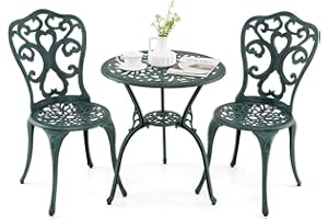 COSTWAY Conjunto Jardin Exterior de 3 Piezas, Sillas y Mesa de Aluminio Fundido, Agujeros para Sombrilla, Mueble Comedores Jardin Terraza Balcon Exterior (Flor)