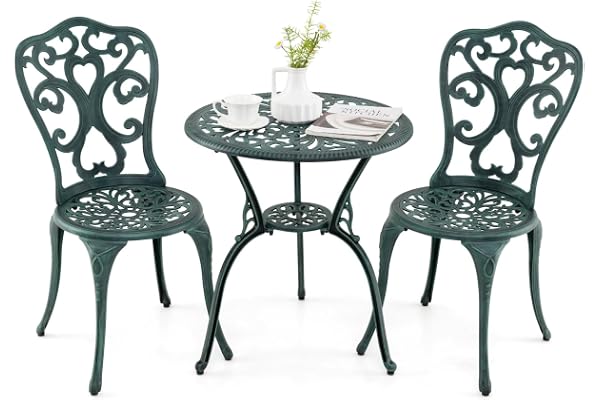 COSTWAY Salon de Jardin 3Pcs en Fonte d’Aluminium, Ensemble Bistro 2 Chaises et 1 Table Ronde Résistant aux Intempéries avec Trou de Parasol, pour Balcon Terasse Jardin (Vert Antique)