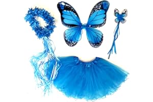Tante Tina - 4-pièces Déguisement de fée Papillon - Ailes, Baguette, Serre-tête et Jupe - Monarque Bleu