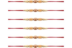 INDIABAZAAR Rakhi Thread for Brother Set of 6 Raksha Bandhan Handmade Golden Beaded Rakhi Rakshabandhan Rakhadi Wrist Band Threads for Bhaiya Hindu Indian Festival Gift