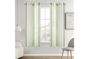 MIULEE Gardinen Gestreift Transparent mit Ösen, Voile Vorhänge Wohnzimmer Modern 2er Set, Vorhang Schlafzimmer Transparent mit Hellgrün Weiss Gestreift Muster, Vorhang Halbtransparent Streifen 140X160