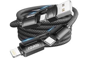 RAVIAD Multi Cable de Carga 3M 4 en 1 Multi USB Cargador Cable 60W PD Nylon Cable USB con USB C/A a Lightning o Tipo C de Cargador Carga Rápida para iPhone 16/15, Galaxy S24/S23, Huawei, Honor - Negro