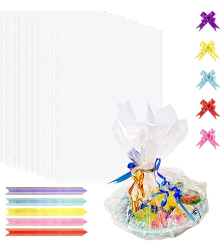 Set 5 Sacchetti Cellophane Trasparenti 75x100 Cm | Con 5 Fiocchi Colorati | Resistente E Riciclabile | Per Cesti Regalo, Fiori, Artigianato