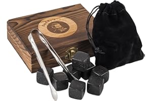 Buddy´s Bar - 9 pietre per whisky, 2 x 2 cm, set regalo, elegante scatola di legno, sacchetto di velluto, pinze, cubetti di ghiaccio naturali di basalto, pietre refrigeranti neutre e di colore nero