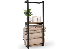 Zjyufy Handtuchhalter mit 2 Ebenen, vertikaler Handtuchhalter für Badezimmer, mit Holzablage, multifunktionales Aufbewahrungsregal für Badezimmer (schwarz)