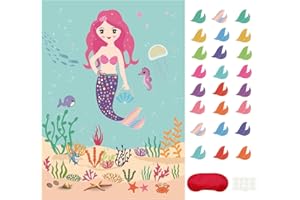 Zulbceo Pin the Tail on the Mermaid Game - Mermaid Party Supplies for Kids Girls Game Poster with 24 Pcs Reusable Tails Sticker Eye Mask Birthday Party Favor Sets