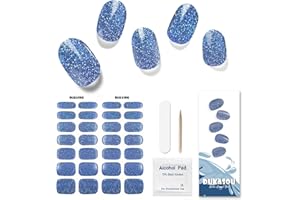 DUKASOU 28 tiras de gel semiendurecido para uñas, pegatinas de uñas de gel de calidad de salón de belleza, tiras de esmalte de uñas duraderas para mujeres, niñas, niños (Brillo azul)