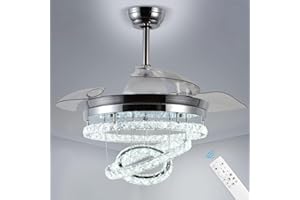 diisunbihuo 42" Dimmable Fandeliers with Lights Modern Crystal Chandelier Fan with Light LED Invisible Ceiling Fan with 3 Color Change Lights, Reversible DC Motor&Memory Function(Chrome)