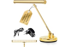 Showlite PL-1-GD-KW LED Lampada per Pianoforte - Lampada per pianoforte con 15 LED - luce bianco freddo a 2 livelli - altezza 36 cm - alimentazione via USB, rete o batteria - oro lucido