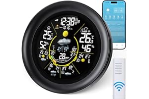 Yaskyly WiFi Weather Stations with Outdoor Sensor Wireless UK Temperature Humidity Monitor with Air Pressure, Rainfall, UV Index, 5 Days Weather Forecast, PM2.5/AQI, Sunrise/Sunset, Date, 3 Alarms