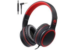 Rockpapa E9W Kids Headphones, Wired Headphones with Microphone for Kids, Adjustable Headband, Foldable Headphones for Travel/PC/Mac/Laptop/Phone (Black Red)