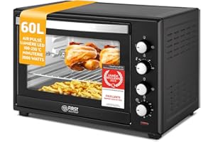 TZS First Austria - Mini-Four 60L 2000W - Four spacieux pour pizza avec température jusqu'à 230°C et 6 modes - Avec minuterie de 60 min, 4 hauteurs d'insertion, plaque, grille et tournebroche rotatif