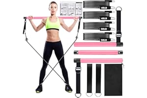 Qicool Pilates Bar Set, Pilates Bar Kit with 4 Resistance Bands,Portable Fitness Equipment for home,Yoga Pilates,Pilates Bar Workout Resistance Bands with Foot Strap for Legs,Hip,Waist and Arm