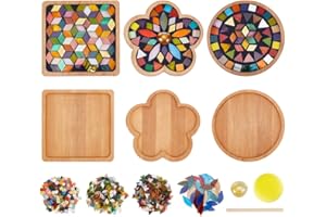 WEBEEDY 3 Set DIY Mosaic Coaster Kit Mosaic Tiles for Crafts Kit Glass Mixed Color Mosaic Kits with Bamboo Coaster for Adults Household Decoration Christmas Birthday Gift(3 Shapes)
