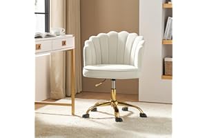 HULALA HOME Velvet Office Chair with Gold Base, Modern Cute Shell Back Upholstered Desk Chair for Vanity, Adjustable Swivel Task Chair for Living Room IVORY