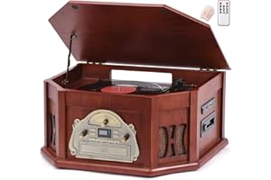ORCC 10-in-1 Vintage Record Player, with Gift Card, Vinyl Turntable for 33/45/78 RPM, CD/USB/SD Play, Bluetooth & Remote Control, FM/AM Radio for Music Lovers, Wood
