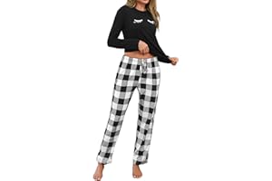 Uniexcosm Pijamas para Mujer Gato Algodon de Manga Larga Ropa de Casa Dormir Estampado en Cuello Redondo Pijama Mujer 2 Piezas Suave para Casual