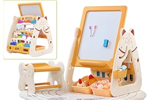 ‎HEALA ALL IN ITS PLACE heala 2 in 1 Bücherregal Kinder Whiteboard höhenverstellbare Kindertafel Magnettafel Kinder inkl. 2 Aufbewahrungskisten und Hocker höhenverstellbar, Spielzeug ab 2 Jahre im Katzen-Design.