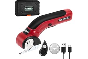 PAHTTO Kartonschneider Elektrische Schere 4V, 320 U/min, Kabellose Rollschneider Universalschneider akku mit 2 Elbstschärfenden Klingen und Ladegerät, für Papier, Karton, Teppich, Leder, Stoff (Rot)