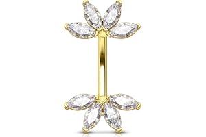 OUFER 14G Or Piercing Nombril Acier Chirurgical 316L Fleur Piercing de Ventre Transparent/Noir Marquise CZ Anneau Nombril Belly Button Bar pour Femme 8/10 mm