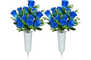 SIFOEL Flores Artificiales Cementerio con florero, Rosas Artificiales Flores conmemorativas para la decoración lápida del Cementerio (Blue)