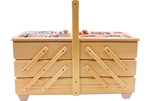 DEKOHELDEN24 Boîte à couture de qualité supérieure en bois plaqué avec 7 compartiments et housse en tissu - Motif aiguilles - Naturel - Dimensions (L x l x H) : 42 x 20 x 21 cm