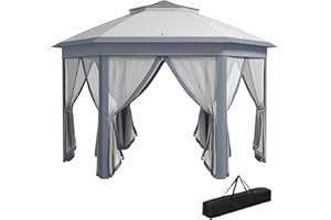 Outsunny 3 x 4m Garden Gazebo Hexagon Pop Up Gazebo Party Tent Canopy Double Roof Instant Shelter with Netting and Carry Bag for Outdoor Patio, Grey