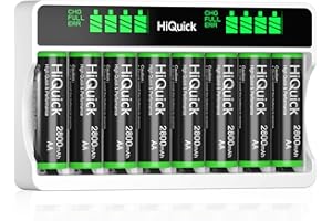 HiQuick 8-slot AA AAA LCD Battery Charger, 5V 2A Fast Charging Function, Type C and Micro USB Input, with 8 x 2800mAh AA NI-MH Rechargeable Batteries, Battery and Charger Set