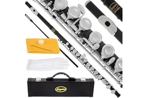 Lazarro Professional Black-Silver Closed Hole C Flute for Band, Orchestra, with Case, Care Kit and Warranty, 120-BK