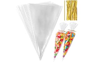200 stycken godispåsar, spetspåsar cellofanpåsar med 200 Twist Ties | Små godisbarpåsar för godis popcorn, choklad, kex, fest & bröllop, 25 x 15 cm