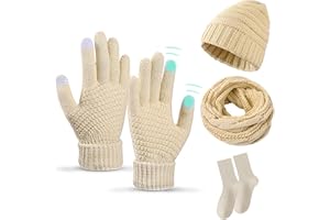 IDYLLIC 5Pcs Ensemble Bonnet Echarpe Gant Femme,Confortable Ensemble chaud d'hiver tricoté,Hiver Beanie Bonnet Tricotés Ensemble d'hiver avec Gants Tactiles Chaussettes,pour Femme Sports De Plein Air d'Hiver