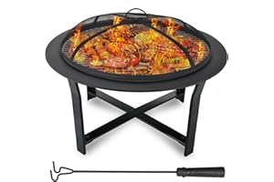 TLSUNNY Brasero de 76 cm de diámetro para el jardín, brasero con protección contra chispas y parrilla, brasero para jardín, color negro, grande