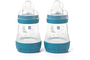 MAM Easy Start Anti-Colic Baby Bottles | 2 Pack (2 x 160ml) | Self-Sterlising Baby Milk Bottle | Slow Flow MAM Teats Size 1 | Newborn Essentials | Blue (Various Designs)