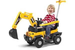 WISBECOST Pelleteuse Enfant à conducteur Assis avec Pelle rotative et réglable, avec Espace de Rangement sous Le siège, klaxon et Pelle à Sable.