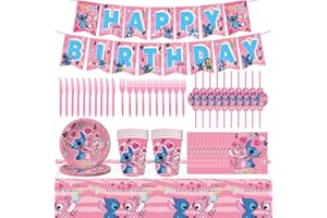 BESTZY Stoviglie di Compleanno Set, 72pcs Kit Lilo Stitch Stoviglie per Feste,Set di Articoli per Feste Piatti per Feste Tazze Tovaglioli Tovaglia e Addobbi