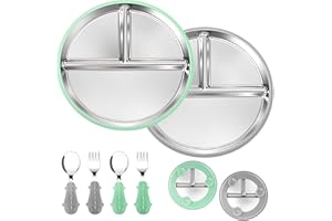 Lociban 2 Piatto in Acciaio Inox con Ventosa per Bambini, Piatti Bambini Divisi con Custodia in Silicone Rimovibile, Pappa Svezzamento Piatto con Cucchiaio e Forchetta, Senza BPA