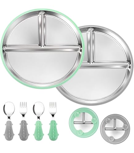 2er Set Edelstahl Baby Teller Mit Saugnapf - Inklusive Löffel & Gabel
