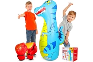 EQARD Sac de Frappe Enfant 120cm Gonflable Dinosaure Sac de Boxe avec Matériau Plus Épais et Sûr Rebond Instantané avec Gants de Boxe Karaté Taekwondo Cadeau pour Enfants 3-9 Ans Filles Garçons