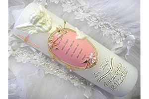 KERZENZAUBER-LUSINE Taufkerze Kommunionkerze Junge Mädchen 250/70 mm mit schönem Spruch VT-23 inkl. Zubehör für selbstbeschriften